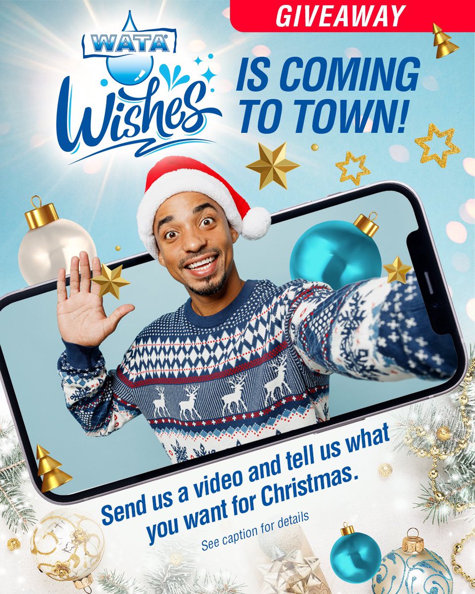 OfficialWATA's tweet photo. It’s time for WATA Wishes 2023!
We are giving one lucky person a chance to WIN $100,000 towards their Christmas wish!
#WATA #WATAWishes #HydrateWidWATA https://t.co/zPTECmhQ12