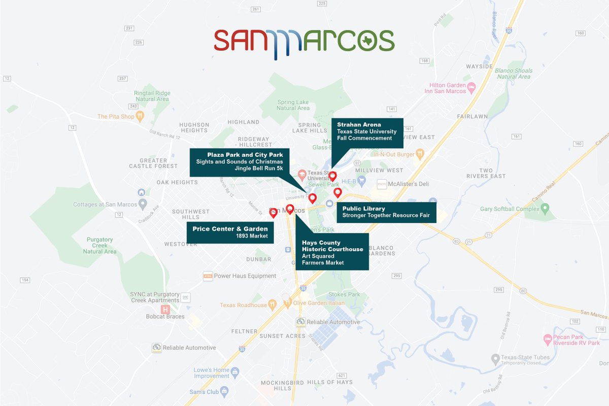 CityofSanMarcos's tweet photo. With several events taking place this weekend in San Marcos from Dec. 7 -9, please prepare for increased traffic and visitors throughout the community. Check out the map below to get an idea of what's going on this weekend and plan your route. https://t.co/zl0Psdt7fZ