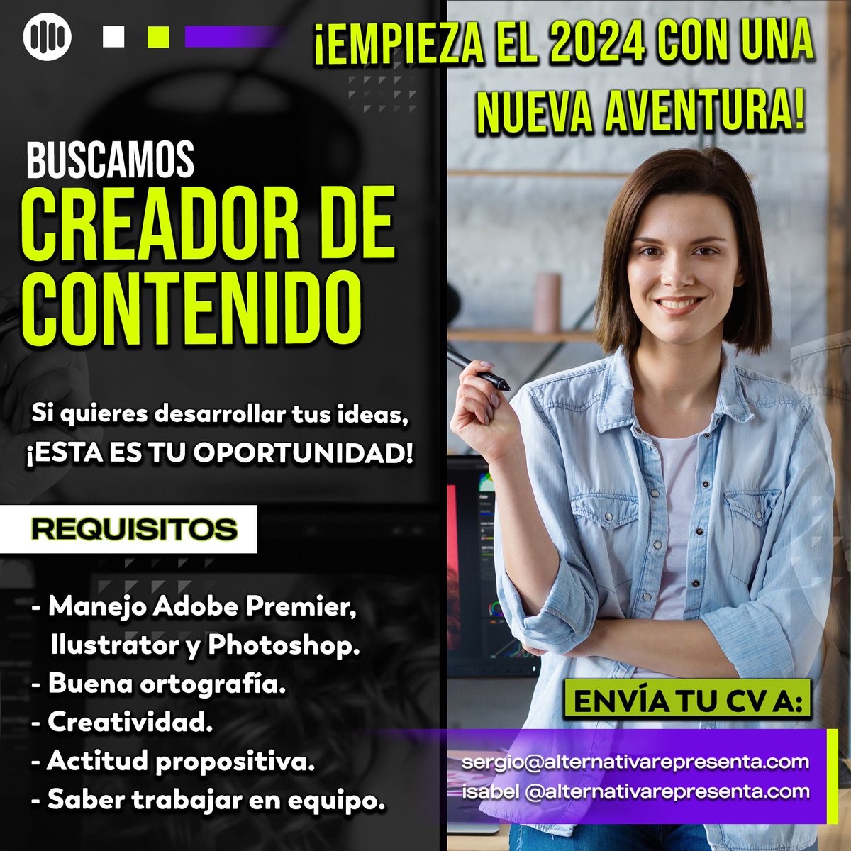 ¿Te encanta la música?¡Empieza este 2024 con una nueva aventura! Mándanos tu CV y únete a nuestro crew. 😃
#AlternativaRepresenta 
#creadordecontenido
#creadoradecontenido
