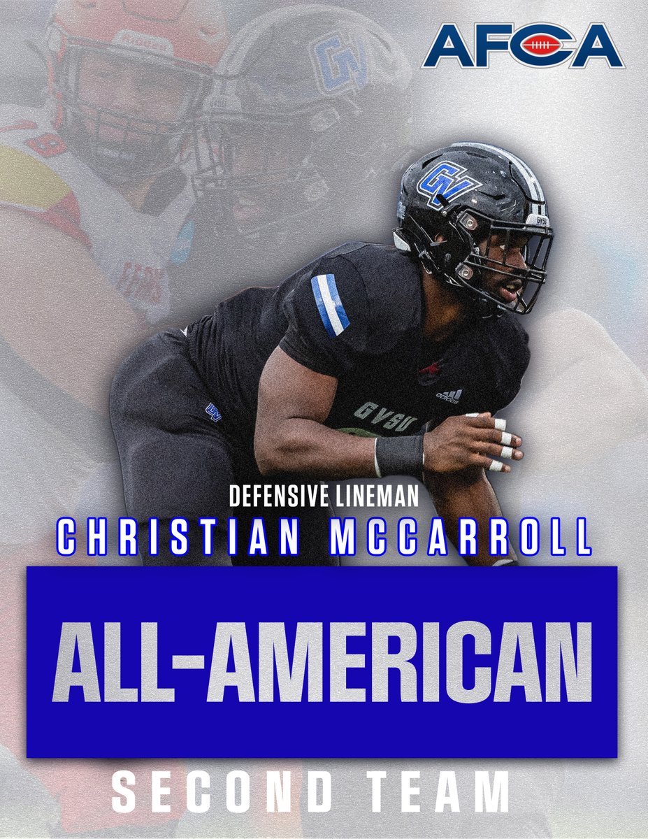 Grand Valley State senior OL Garrett Carroll was named an AFCA First-Team All-American, while DE Christian McCarroll was honored as an AFCA Second-Team All-American. #AnchorUp AFCA All-American Release - gvsulakers.com/news/2023/12/7…