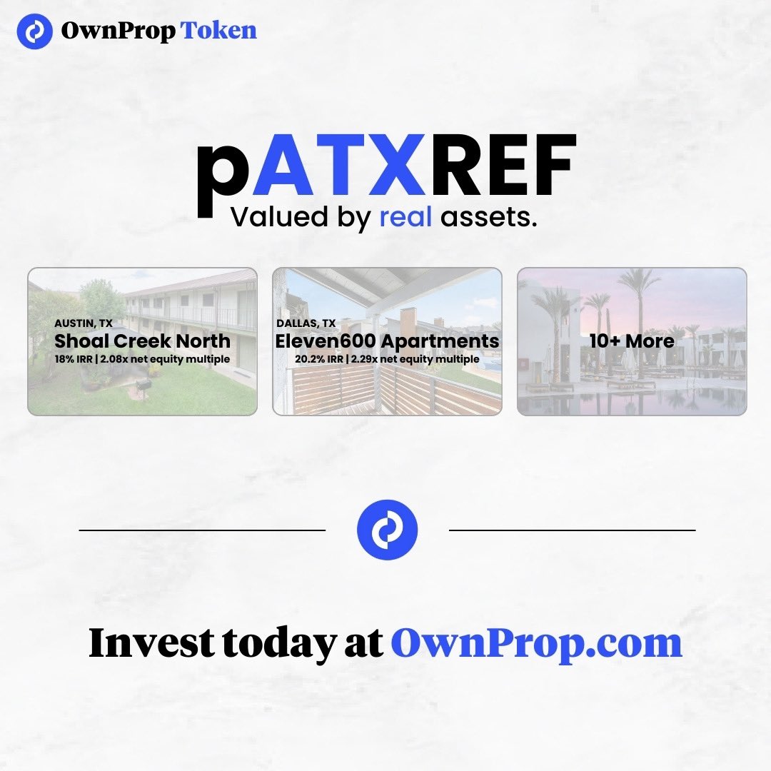 OwnPropApp's tweet image. OwnProp tokens are valued by real assets and track to their appraised value. The price of Bitcoin and Ethereum have no impact on the value of each token.

The pATXREF token is tied to a $50M RE fund, which will include 10-15 assets.