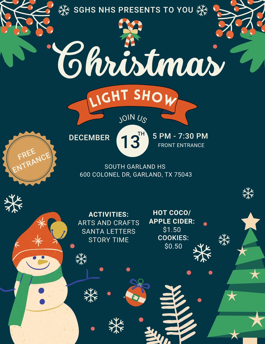 Please join the SGHS National Honor Society on December 13th from 5-7:30 for a festive light show.,