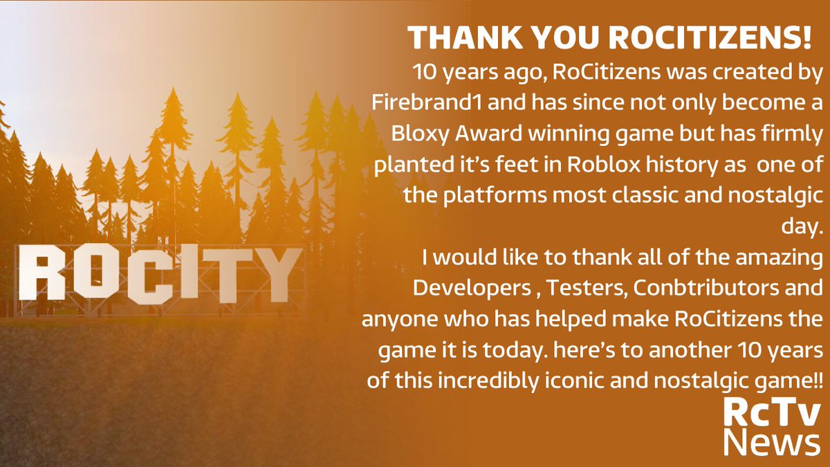 News_RoCitizens's tweet photo. 10 Years of RoCitizens

Read More Below:

#RcTvNews #RoCitizens @PlayRoCitizens @Firebrand1_RBX @DevKoob @AlwaysTrustBob1 @aerithena @TyTheFireGuyYT @CullWasHere @korky5000 https://t.co/joXlfoIzxP