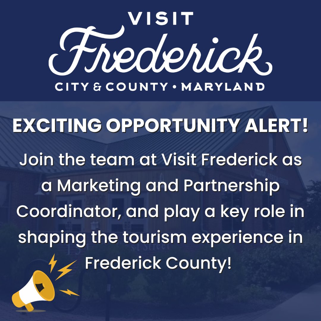 📢 The application deadline of December 15 is quickly approaching! Don't miss this opportunity to contribute to Frederick County's vibrant tourism community! 

To apply: visitfrederick.org/employment/ #MarketingCoordinator #NowHiring #VisitFrederick #TourismCareers