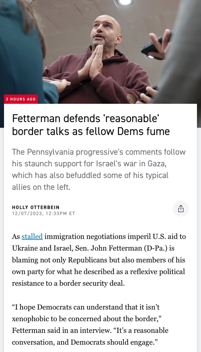 emeriticus's tweet photo. Fetterman on the border crisis: “Honestly, it’s astonishing. And this isn’t a Fox News kind of statistic. This is the government’s. You essentially have Pittsburgh showing up there at the border.”

Maybe if more members of Congress had strokes they’d become reasonable like John https://t.co/rCTjlnRQ02
