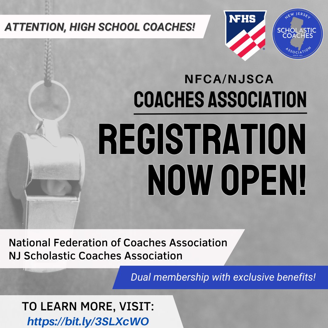 Attention Winter Sport Coaches: National Federation of Coaches Association/NJ Scholastic Coaches Association Membership enrollment is now open for the 2023-2024 year. Click here to learn more: bit.ly/3SLXcWO