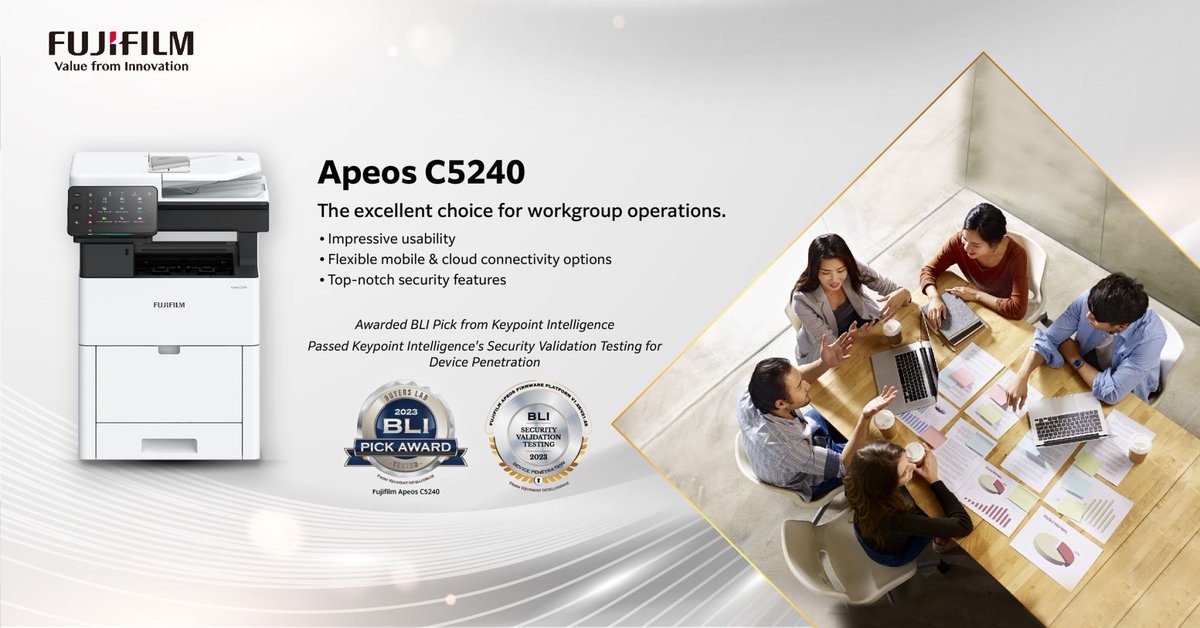 Designed for workgroup collaboration and secured workflows. Check out the Buyers Lab (BLI) Award winning Apeos C5240 multifunction printer now. bit.ly/45RKxab