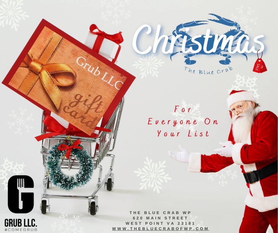 Gift Cards* make great stocking stuffers or gifts for the ones that have everything.   

*Gift Cards can be used at all Grub locations.

Classic Gift Cards available in-store
E-Gift Cards available at thebluecrabofwp.com