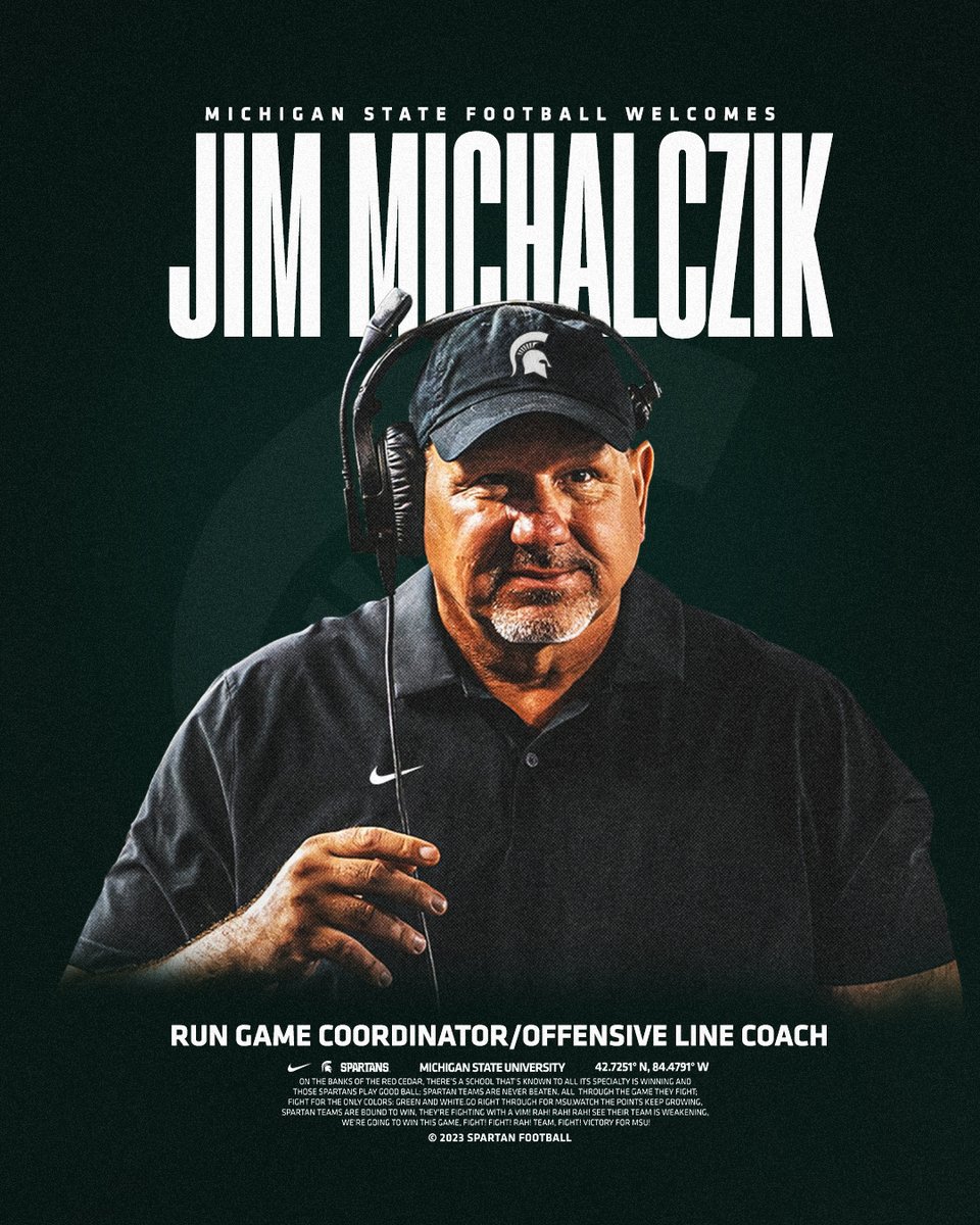 Welcome to East Lansing, @FBCoachM! Jim Michalczik joins the Spartans as the Run Game Coordinator/Offensive Line Coach after 6 seasons at Oregon State. He was nominated for the 2023 Broyles Award as college football's top assistant. #GoGreen
