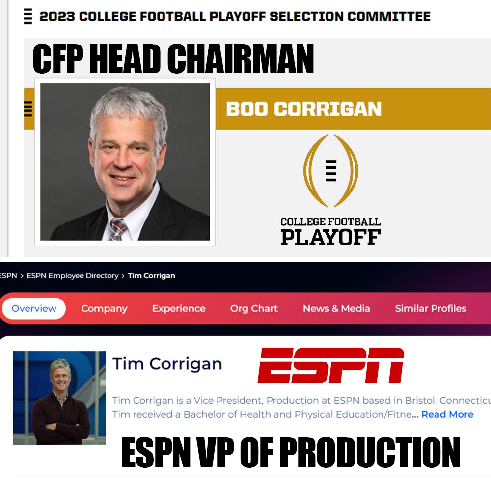 🚨 | BREAKING: Bombshell Evidence has come out linking the CFP Committee's Head Chair to ESPN...

The Head of the College Football Playoff Committee is NC State Wolfpack AD Boo Corrigan. Corrigan's already been criticized for his bias against FSU as a fellow ACC Athletic Director