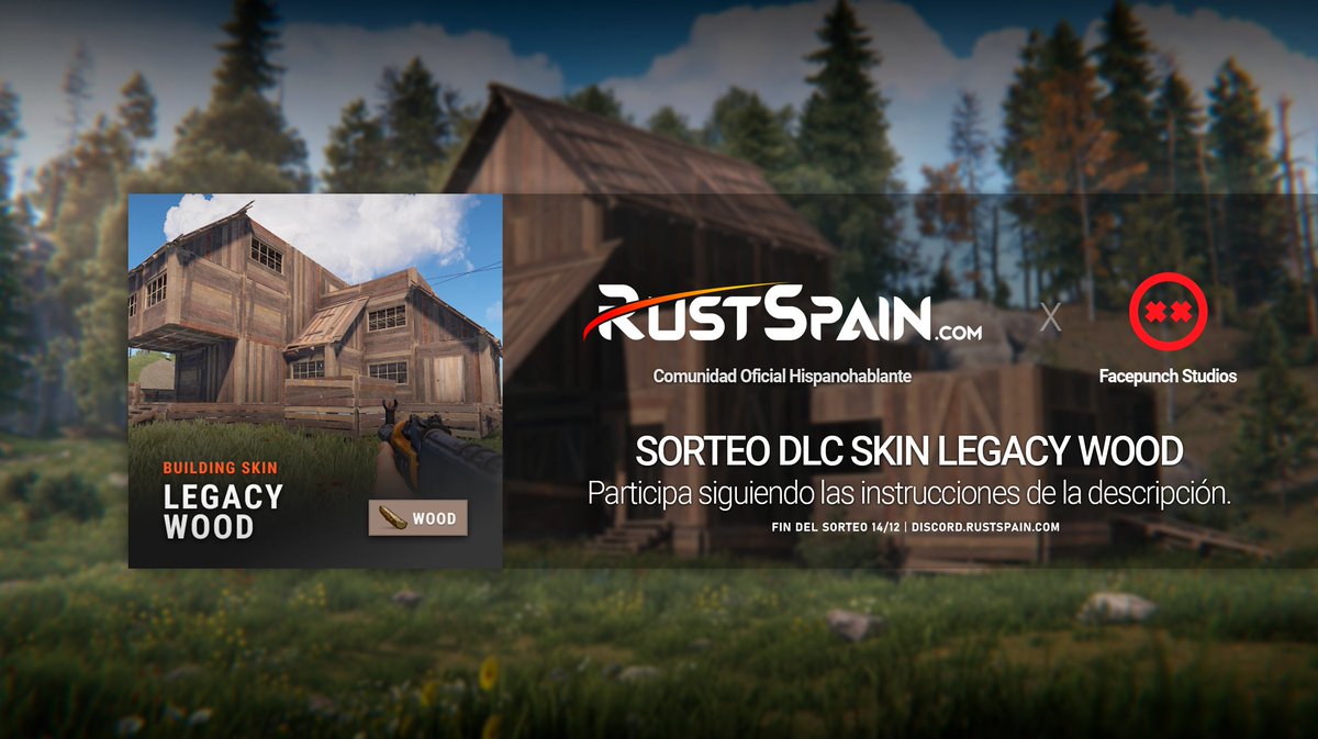 🎉¡SORTEO DLC SKIN LEGACY WOOD! ¿Te gustaría conseguir este DLC de <a href="/playrust/">Rust</a> ? 
1. RT este Tweet.
2. Sigue nuestra cuenta de Twitter.
3. Únete a nuestro Discord: discord.rustspain.com
4. Accede al canal Sorteos y haz click en la reacción para participar.

El plazo para
