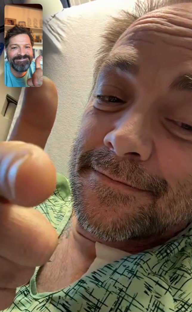 mishacollins's tweet photo. I took it as a good sign that @Mark_Sheppard challenged me to a duel on FaceTime last night. Having scared the hell out of all of us by dying and being brought back to life several times, The King is full of life and back to causing trouble. So happy to see you laughing, Mark, and glad to have you back. Stick with us.