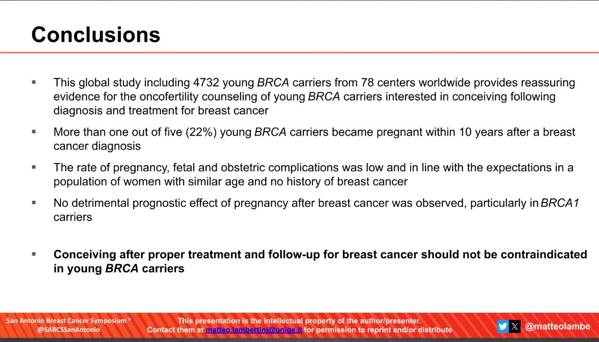 #SABCS2023
Good news for young BRCA patients who want to get pregnant 👏

For more details 👇
jamanetwork.com/journals/jama/…

<a href="/SABCSSanAntonio/">SABCS</a> 
<a href="/KimmelCancerCtr/">Sidney Kimmel Comprehensive Cancer Center</a>