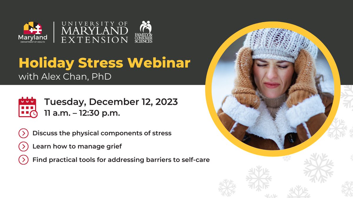 While the holidays can be fun, they can also cause stress. Join @MDHealthDept and @mdhsuicideprev for the Holiday Stress Webinar with Alex Chan, Ph.D. on Tuesday, Dec. 12, from 11 a.m. to 12:30 p.m. Register to attend: bit.ly/HolidayStressW…