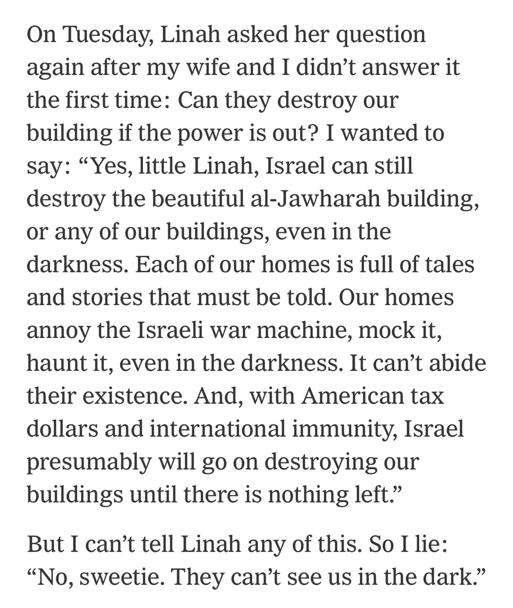 4\ Refaat in the NYTimes 2021: 'I'm caught btwn wanting to take the family outside, despite the missiles, shrapnel & falling debris, & staying at home like sitting ducks for US-made Israeli-piloted planes. We stayed at home. At least we would die together' nytimes.com/2021/05/13/opi…