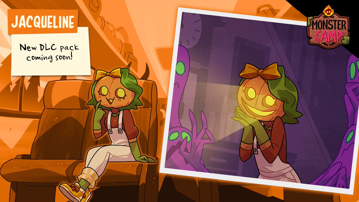 monsterprom's tweet image. Your favorite folksy pumpkin is coming to Monster Camp. Buy the upcoming DLC pack to play as Jacqueline! 🎃