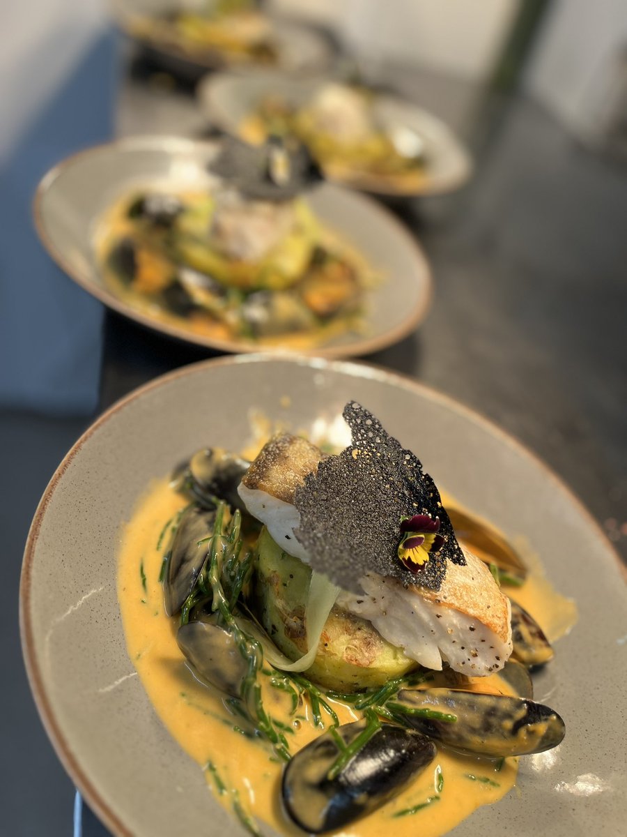 Tonight on the pass we have a beautiful pan roasted fillet of cod, served on a potato cake with a lobster bisque, samphire and mussels. Finished off with a black squid ink tuille.  Does food get any better than this?  #localproduce #alacarte #ewyasharold #herefordshire #gastropub