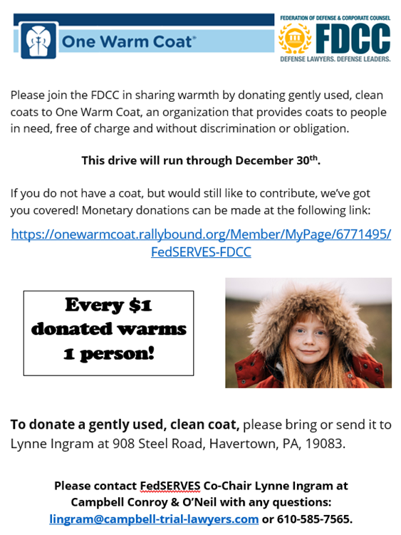 lynneoingram's tweet photo. The generosity and kindness of our @fdcclaw members never ceases to amaze me. Please join us and @onewarmcoat in sharing warmth by donating gently used, clean coats this holiday season. Also, every $1 donated warms 1 person. #FedSERVES #FDCC #Philanthropy #GivingBack #ShareWarmth https://t.co/FL6JHLwclS