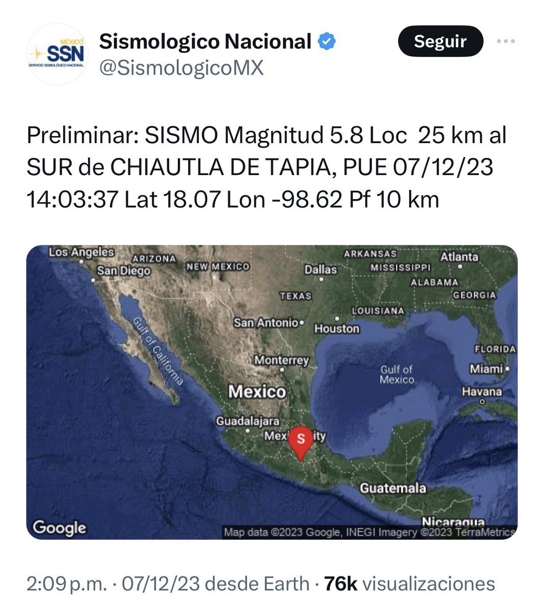 ALunaSilva's tweet image. 🚨 #PRELIMINAR #sismo 

Fue de 5.8 y el epicentro al sur de Chiautla de Tapia en #Puebla.

@Pueblaonline 
@CronicaPuebla_