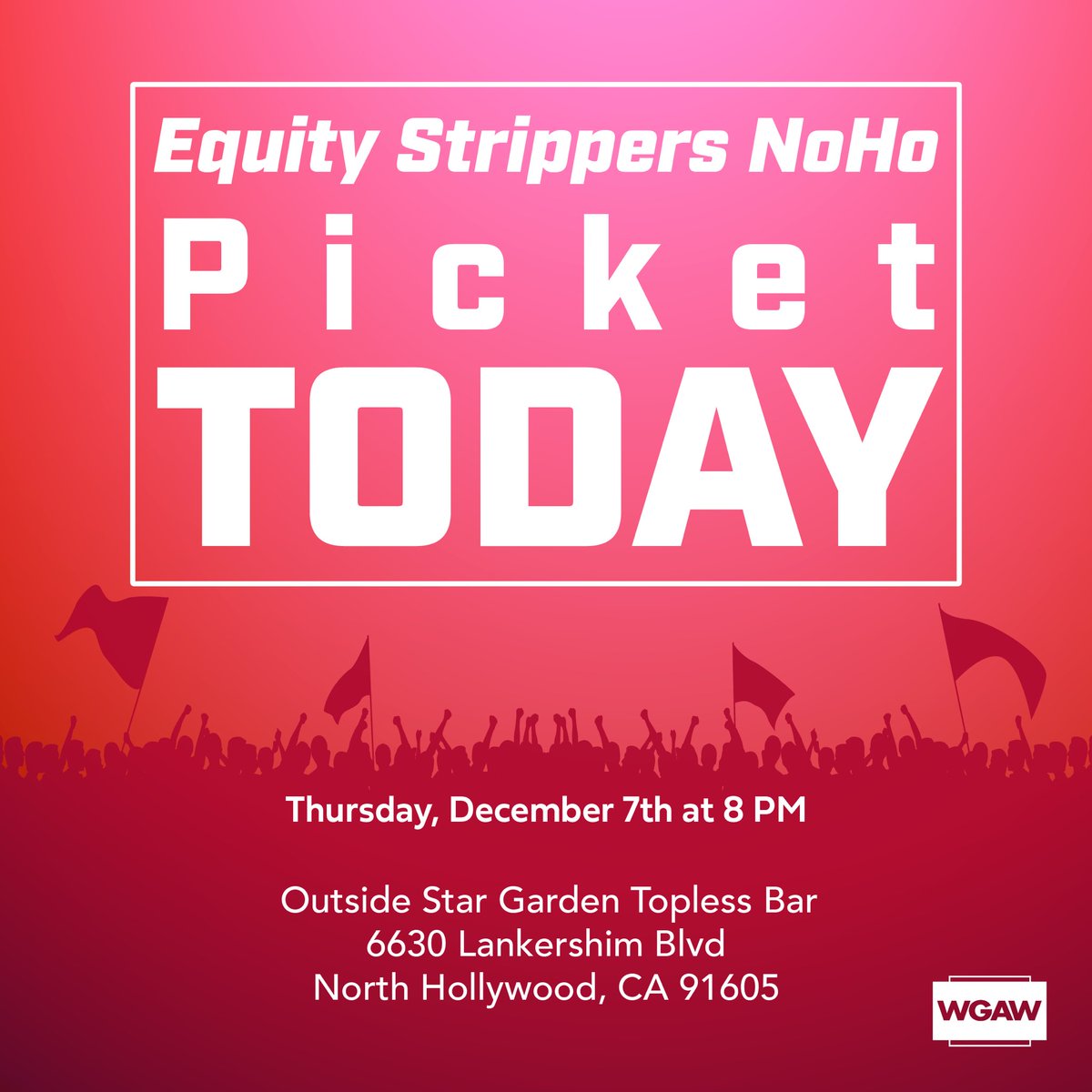 WGAWest's tweet photo. The @ActorsEquity has filed multiple Unfair Labor Practice charges with the BLRB on behalf of @EquityStripNoHo. Join your fellow WGAW members and union strippers TODAY 12/7 to picket for a safe and reasonable workplace. #1u https://t.co/IJwAxkpVad