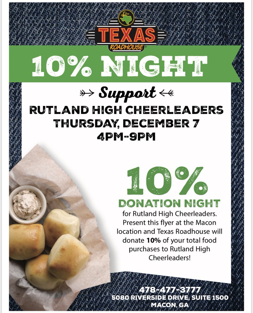 Stop by Texas Roadhouse tonight from 4pm to 9pm and show them this flyer! Support Rutland High Cheerleaders 💚🧡📣 <a href="/RHScanes_Sports/">Rutland Athletics</a> <a href="/RHSCanes/">Rutland High School</a> <a href="/StewartTesheika/">Tesheika Stewart</a> <a href="/WendyPooler/">Wendy Pooler</a> <a href="/VidalityGreat06/">Dominique Vidal Nichols</a> <a href="/BibbSchools/">Bibb County Schools</a>