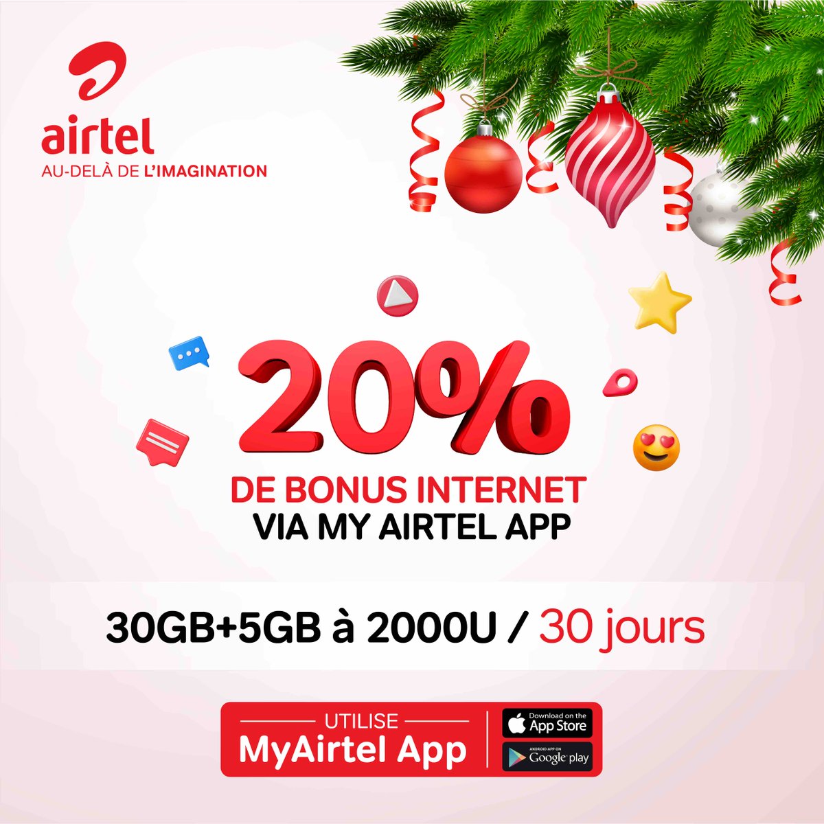 Woohoo! 🤩 Spéciales fêtes de fin d’années 🎉 avec *20% de bonus* internet sur My AIrtel app📲 Recevez plus de volume avec My AIrtel app pour surfer 🎈 Activez vos forfaits dès maintenant et profitez des bonus à couper le souffle 🤑! #Specialesfetes #AirtelRDC #MyAirtelApp