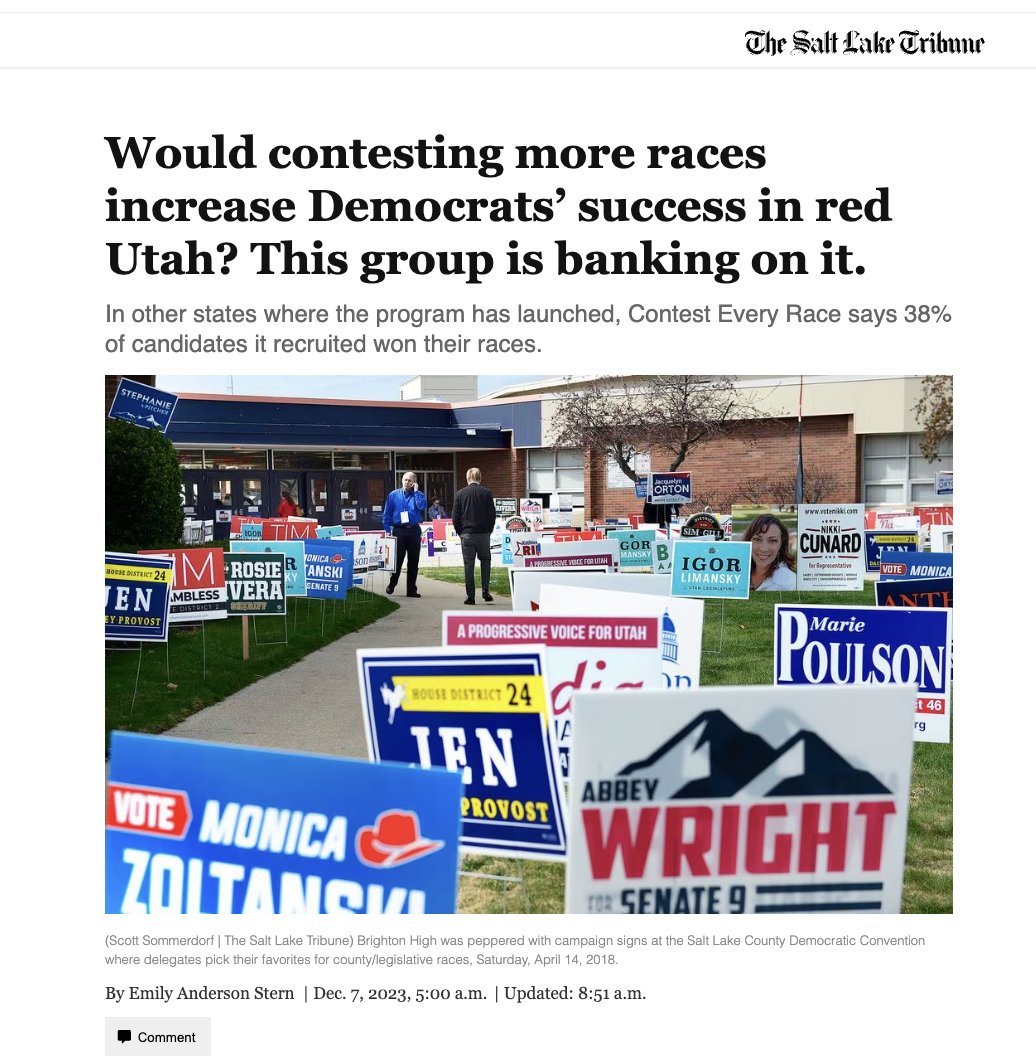 We are thrilled for our work in partnership with the <a href="/UtahDemocrats/">Utah Democratic Party</a> in recruitment and our county grants program to be featured in <a href="/sltrib/">The Salt Lake Tribune</a>.

Read the article here: ow.ly/AOEV50QgxFm

#utpol