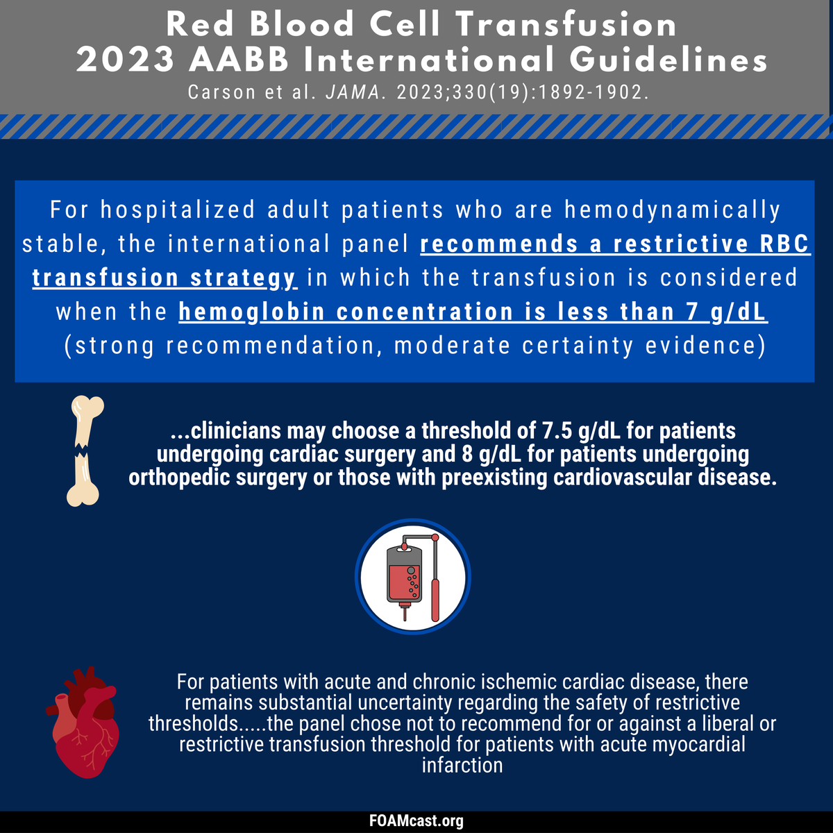 FOAMpodcast's tweet photo. Transfusion thresholds in acute myocardial infarction-
updates from AABB &amp; MINT trial! 🩸
Ref: https://t.co/Q2V6GLz5tf
Podcast: https://t.co/NXkWYmGWIg (or spotify etc) 
⭐️transfusions have risks so restrictive strategy (<7g/l) for most medical patients.but, what about MI? (1/x) https://t.co/ix8PYoASrv