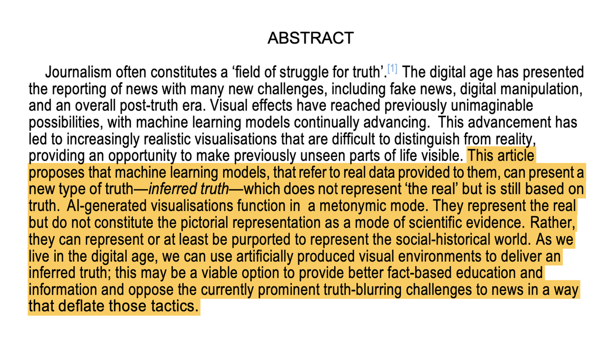 KatBotAzz's tweet photo. Real stories through fake media? I propose with J. Weinbren &amp; Dr. Gilbert that #ML models can present an inferred truth. Using #aigenerated backgrounds may be a viable option to provide #news &amp; #documentary filmmaking if no or lim. real backgrounds exist.
https://t.co/knRt4lkYBT https://t.co/vd6jv67DUC