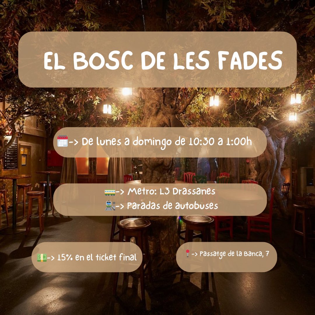 hdelestudiante's tweet photo. 🌳 Bosc de les Fades - Come o tómate algo en un bosque mágico.
#boscdelesfades #carnetub #larambla #restaurante #barcelona #descuentoestudiante https://t.co/UYzmRcp5H9