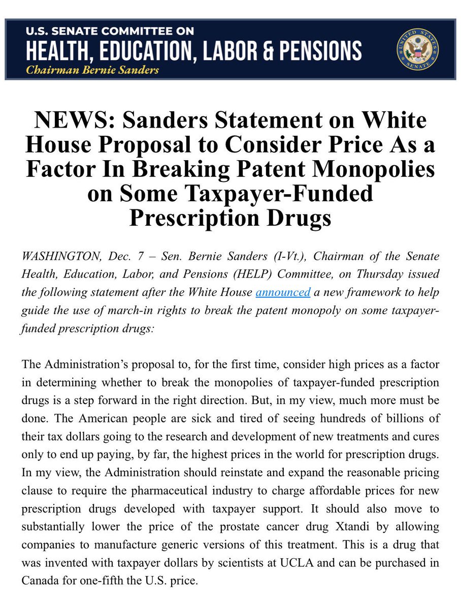 The American people are sick of seeing hundreds of billions of their tax dollars going to develop new treatments and cures only to end up paying the highest prices in the world for prescription drugs. Read my statement on the Administration's latest plan to lower drug prices: