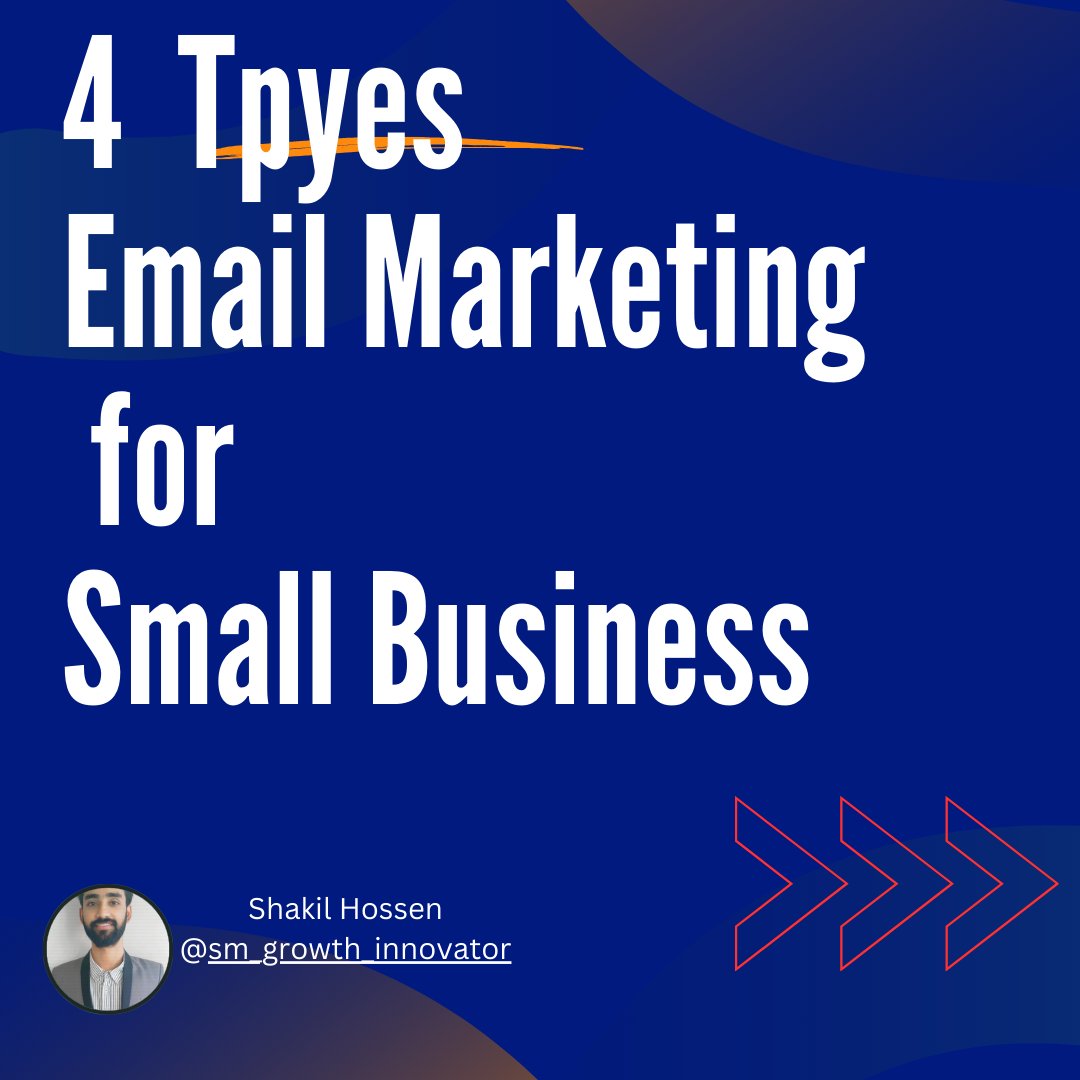 mshshakil12345's tweet photo. 4 types email marketing for small business.

#EmailNewsletters #NewsletterMarketing #CompanyUpdates #InformativeEmails #CustomerAcquisition #SubscriptionDeals #WelcomeEmails #CustomerRetention
#EmailPromotions #Email #EmailmarketingTips https://t.co/CgncZaNEY8