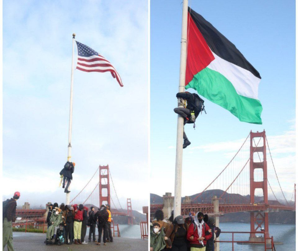 Filistin destekçisi ABD kiler sanfransisco da ABD bayrağını indirip Filistin bayrağı astılar.