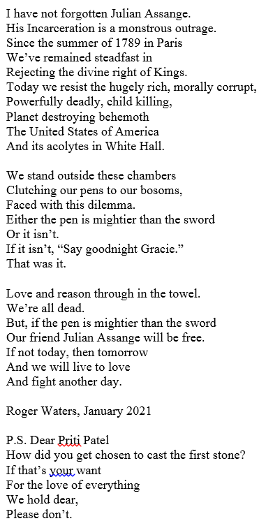 AssangeNY's tweet photo. Roger @rogerwaters wrote this poem for a demo we held at the British Consulate in NYC back in January 2021. It will soon be January 2024, and the UK can still stop this extradition. @CredicoRandy came down to speak. @DanielFooksArt Global #FreeAssange day https://t.co/9l1R5mSzna