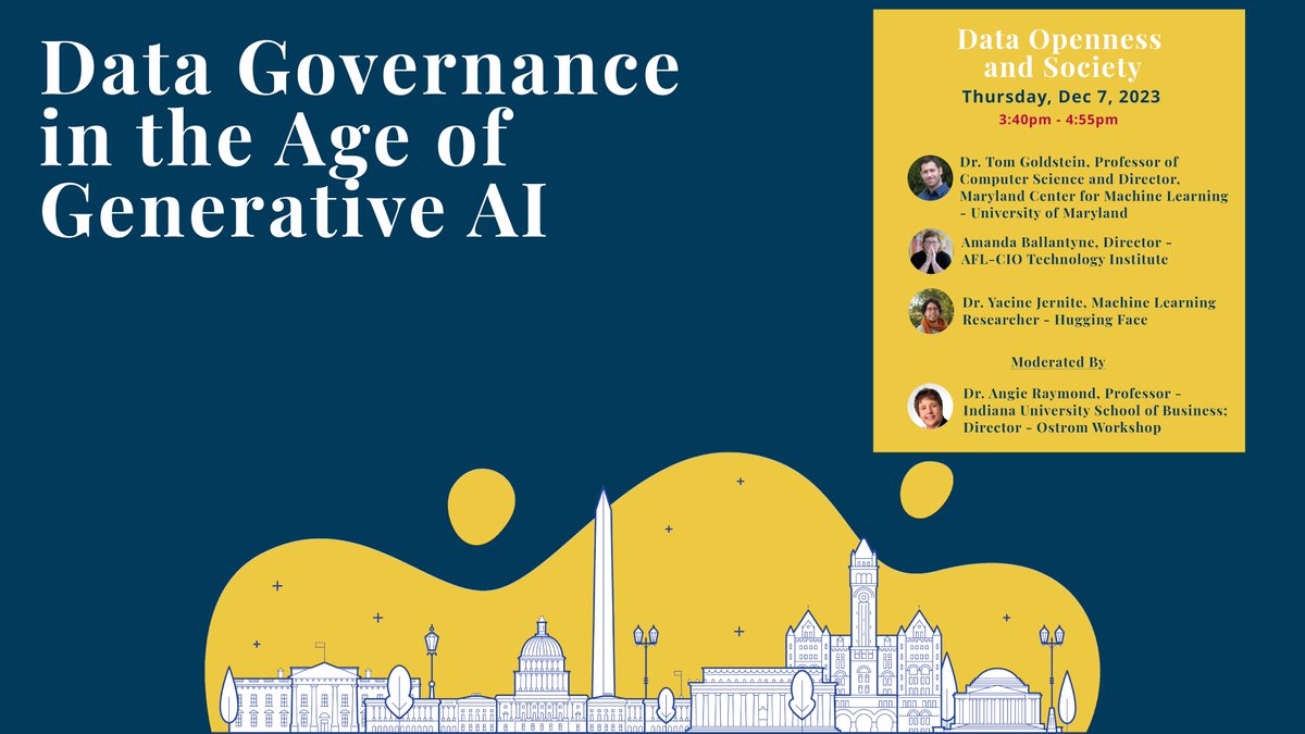 The Digital Trade and Data Governance Hub (@datagovhub) on Twitter photo Up next during #DataGovGenAI2023, "Data Openness and Society," with <a href="/umdcs/">UMD Department of Computer Science</a>'s Dr. <a href="/tomgoldsteincs/">Tom Goldstein</a>, Aamanda Ballantyne of the <a href="/AFLCIO/">AFL-CIO ✊</a>, and <a href="/huggingface/">Hugging Face</a>'s Dr. <a href="/YJernite/">Yacine Jernite</a>, on a panel moderated by <a href="/Ostrom_Workshop/">Ostrom Workshop</a>'s director Dr. <a href="/AngRaymond/">Dr. Angie Raymond</a>. Join the conversation1 Up next during #DataGovGenAI2023, "Data Openness and Society," with <a href="/umdcs/">UMD Department of Computer Science</a>'s Dr. <a href="/tomgoldsteincs/">Tom Goldstein</a>, Aamanda Ballantyne of the <a href="/AFLCIO/">AFL-CIO ✊</a>, and <a href="/huggingface/">Hugging Face</a>'s Dr. <a href="/YJernite/">Yacine Jernite</a>, on a panel moderated by <a href="/Ostrom_Workshop/">Ostrom Workshop</a>'s director Dr. <a href="/AngRaymond/">Dr. Angie Raymond</a>. Join the conversation1