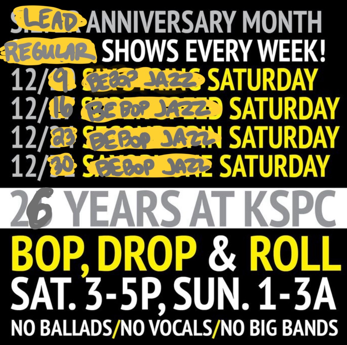 kspc's tweet photo. It’s an unspecial 26th anniversary for Wal this month at KSPC. He’ll play #bebop #jazz every Sat., like he always does. He won’t play ballads, vocals or big bands. 26 years isn’t a milestone, so it’ll be more fun in 4 years. See you then. https://t.co/5oczCbeliW