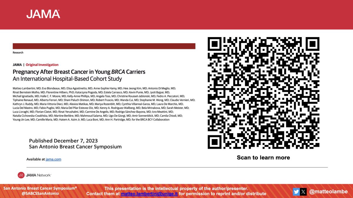 Presented today at #SABCS23 and published in @JAMA_current results of our study showing the feasibility and safety of #pregnancy after #BreastCancer in young #BRCA carriers @OncoAlert @SABCSSanAntonio @AACR @UniGenova @SanMartino_Ge #bcsm Link here: jamanetwork.com/journals/jama/…