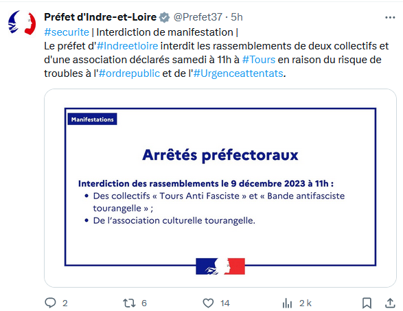 ucl37's tweet photo. ⚠️ l'interdiction de la manif d'#ExtremeDroite ne signifie pas que les #neofascistes resteront chez eux quartier des Halles, Cathédrale ou Prébendes : soyez prudent·es toute la journée à #Tours et remontez les infos en comm'
#SiamoTuttiAntifascisti #RiposteAntifasciste #9decembre https://t.co/sPN6NJNfz5