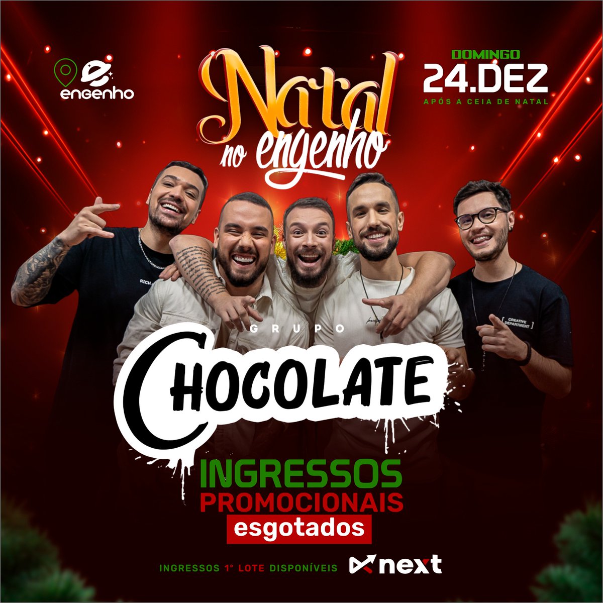 EngenhoClub's tweet photo. O lote promocional para o Natal no Engenho com Grupo Chocolate já esgotou!

Mas não se preocupe, você pode garantir o seu lugar nessa festa incrível. Aproveite os ingressos do 1° lote, que estão voando!

Para comprar, é só clicar no link da Bio e se preparar para curtir muito! https://t.co/57wZPMCeSY