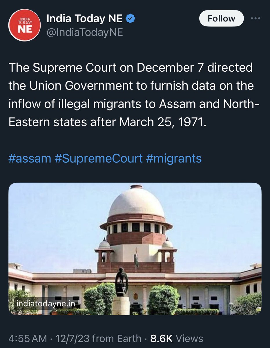 billieguarino's tweet photo. 🔥 Against the backdrop of escalating tensions and violence in Manipur, the Supreme Court, on December 7, took a significant step by instructing the Union Government to furnish data on the inflow of illegal migrants to Assam and North-Eastern states after March 25, 1971. 

🔥🔥🔥This directive not only addresses the broader concerns of illegal migration but also holds relevance in the context of the current volatile situation in #Manipur, emphasizing the need for comprehensive data to understand and address the complexities of the region's demographic dynamics and ongoing population engineering. 

#ManipurFightsBack #Kuki_ZoEngineeredManipurViolence

@AmitShahOffice  @PrinceArihan @sardesairajdeep @RahulGandhi  @timesofindia @IndianExpress  @republic @TimesNow @ndtv @ZeeNews @WIONews @CNNnews18 @BBCIndia @thewire_in @TheQuint @dhruv_rathee @indiatvnews @newslaundry @ANI
@DivyaSoti @ShefVaidya  @AskAnshul @PrinceArihan @RajatSethi86 @DrSanjaysinghK @AbhijitChavda 
@RituRathaur @VladAdiReturns @KaranThapar_TTP @nytimes @washingtonpost 
 
Read more here: https://t.co/JJNezjmrZk