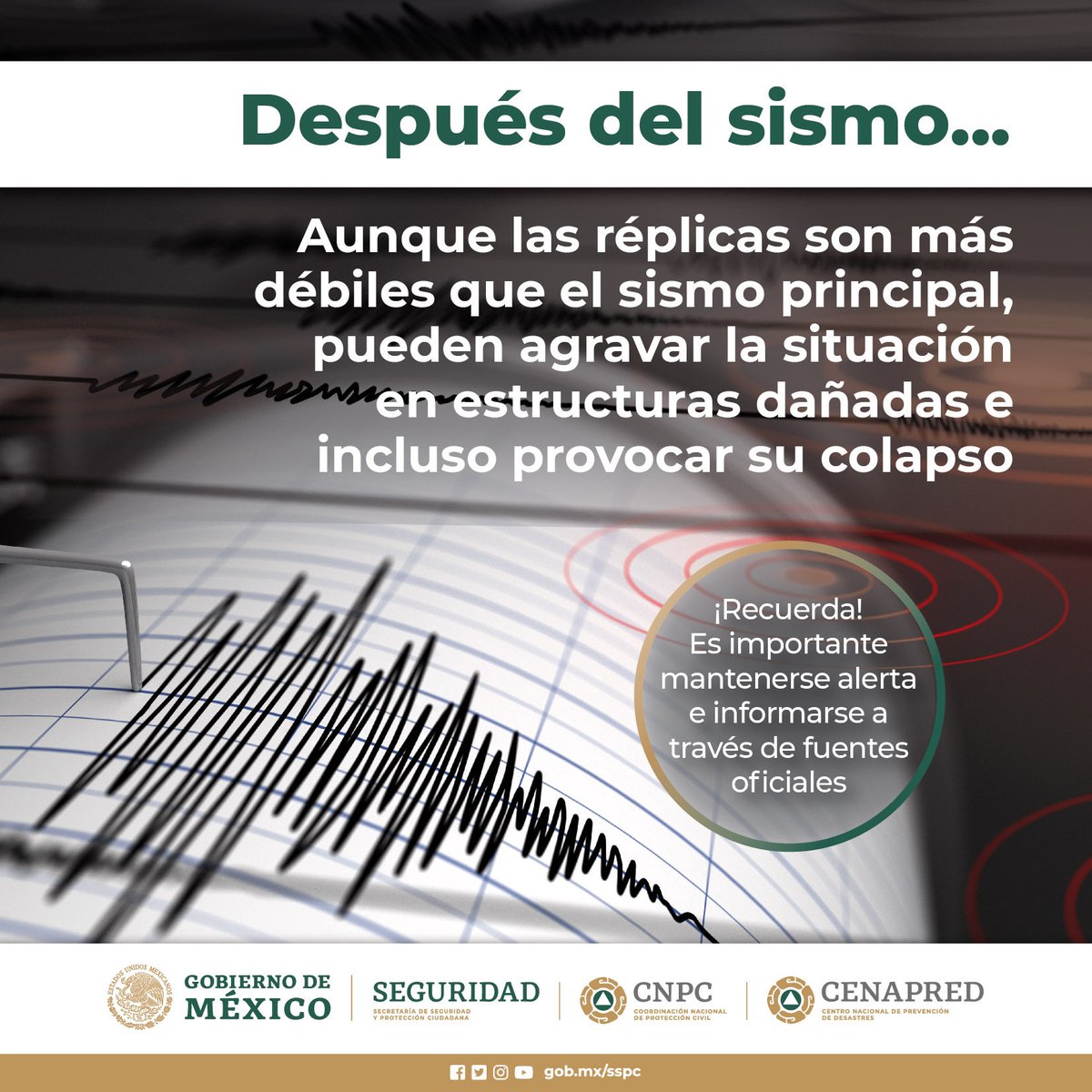 CNPC_MX's tweet photo. ⚠️ Después de un #Sismo: 

〰️Permanece atento a las réplicas que pudieran presentarse.
🚫No difundas rumores.
✅Consulta solo fuentes oficiales.

@laualzua https://t.co/QMzw6t6yS6