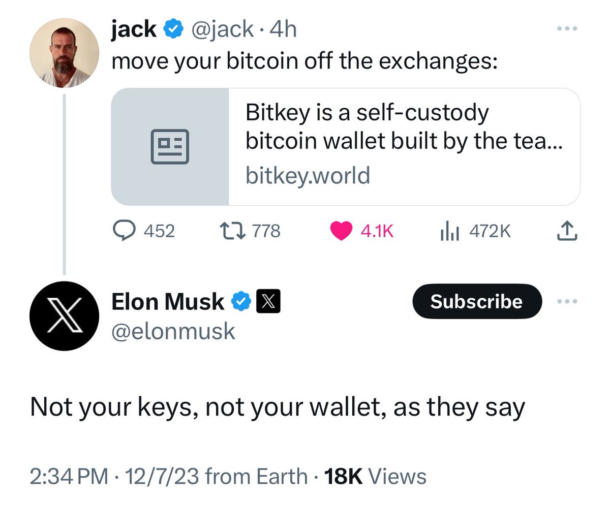 WalkerAmerica's tweet photo. Elon tweets about #Bitcoin self custody 👀 https://t.co/gEBsgZdpxK