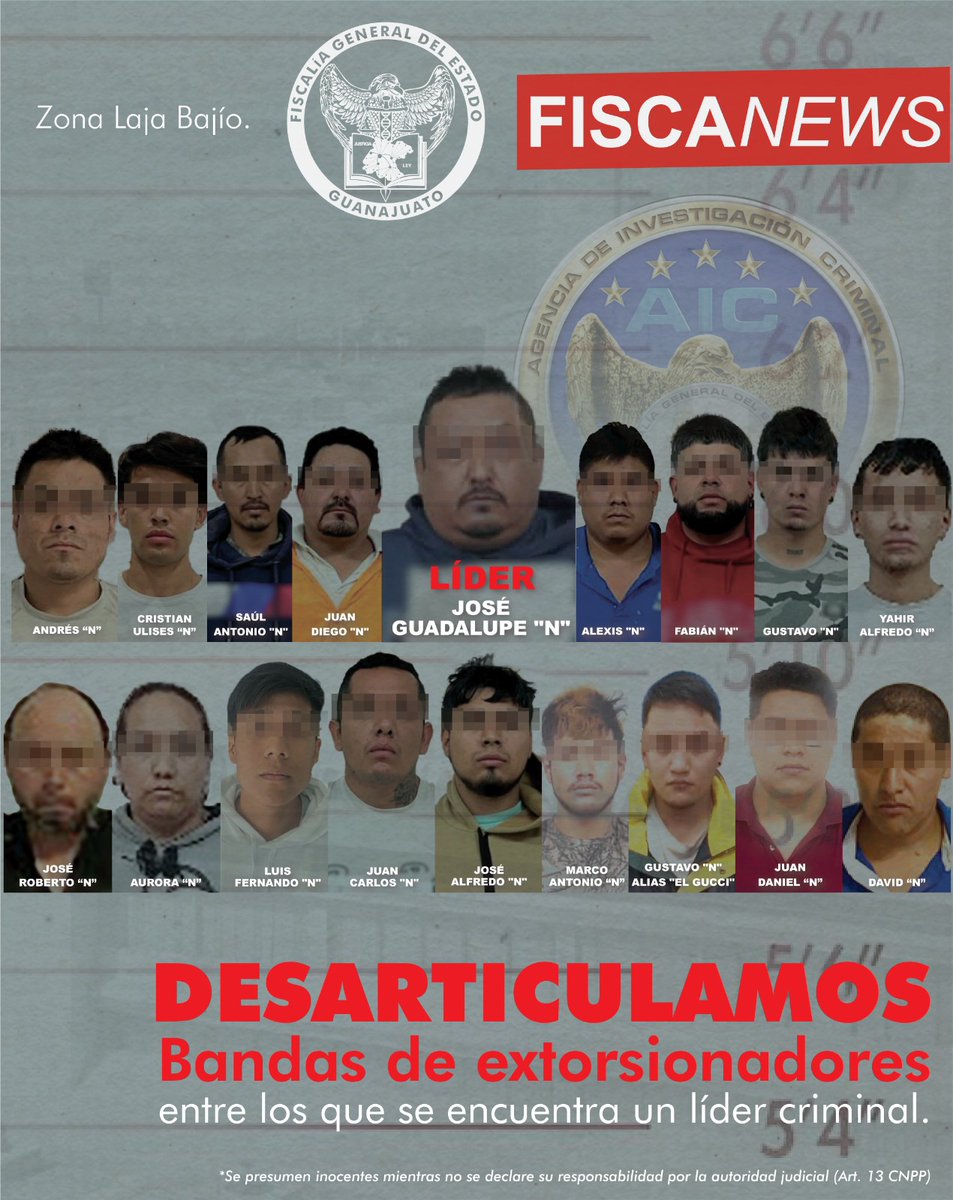 #InformaciónRelevante

La #FiscalíaGuanajuato logró desarticular dos bandas de extorsionadores que operaban en la zona Laja-Bajío.

Resultado de las acciones desplegadas por la Unidad Especializada en Combate a la Extorsión y la @AIC_Guanajuato, se detuvo a 18 presuntos