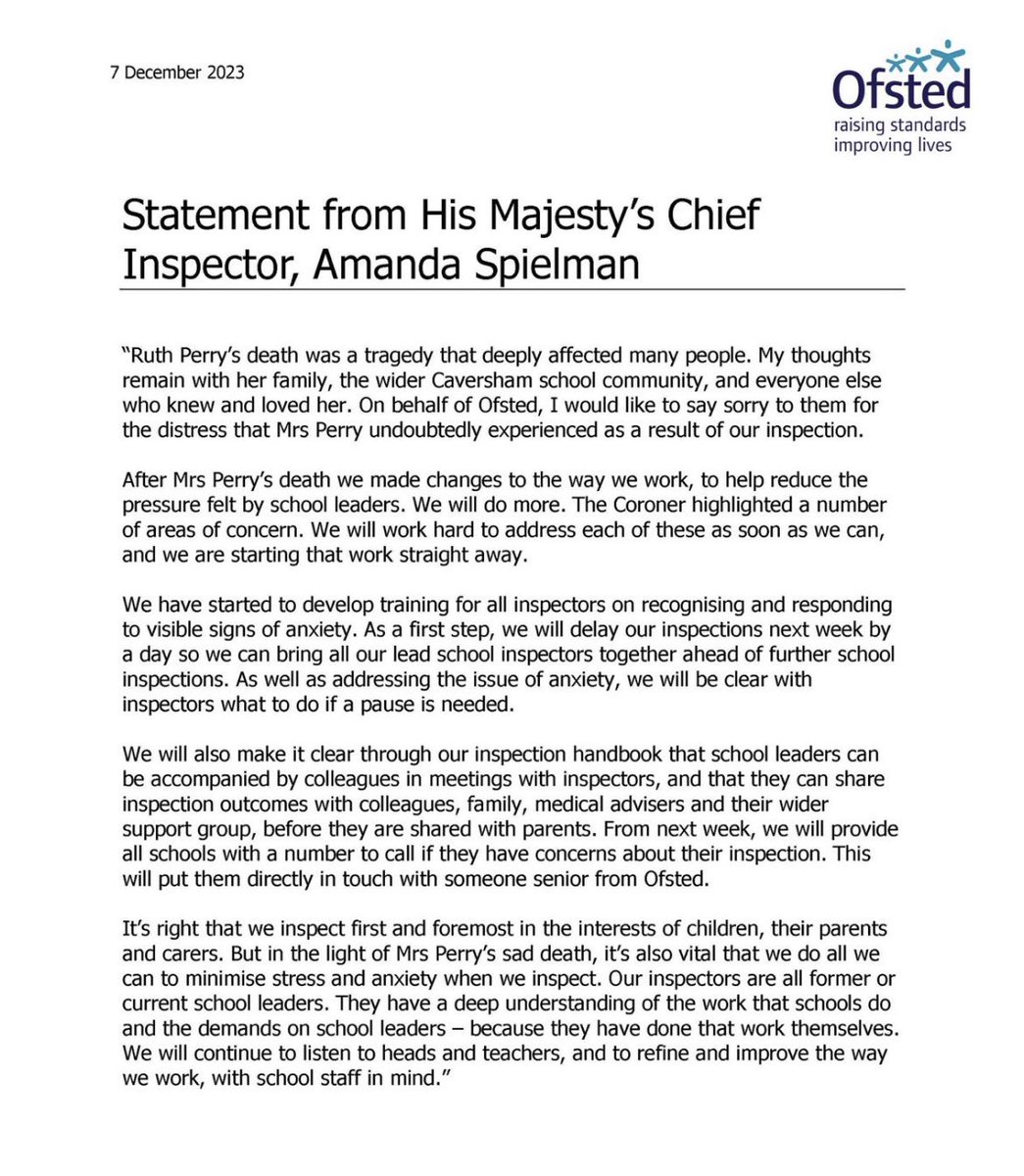 So for some schools next week is the last week of term…and they are STILL planning on inspecting. After this, this outcome and this desperately sad situation, let’s give a days training as that’ll suffice