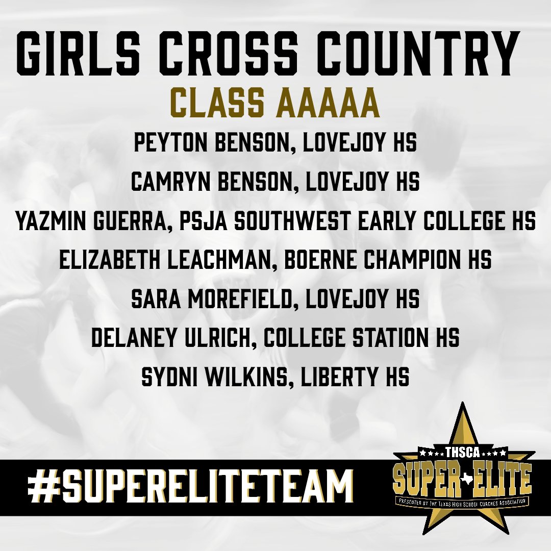 Congratulations to the phenomenal athletes of the 2023 THSCA 5A Girls Cross #SuperEliteTeam! Your determination and skill have earned you this honor!🥇🏃‍♀️

thsca.com/super-elite-te…