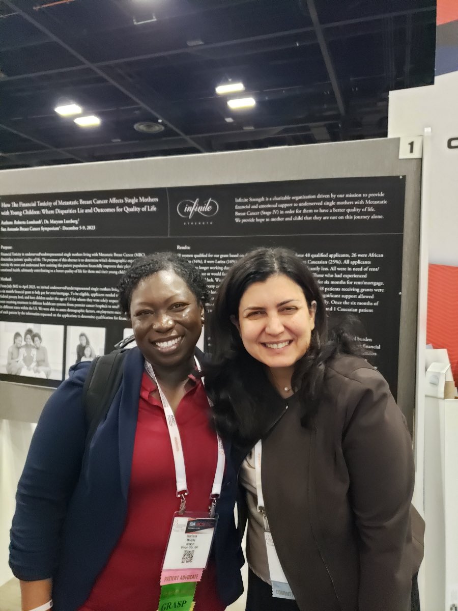 Robertalom3's tweet photo. Two of my favorite people! I am so grateful to @maryam_lustberg for co-authoring this poster and  representing @InfiniteMBC today at our poster session. And to @MarlenaDM for always supporting us and sharing our mission with others. Just the best people! #mbc #sabcs #bcsm https://t.co/DXkumsyEoO