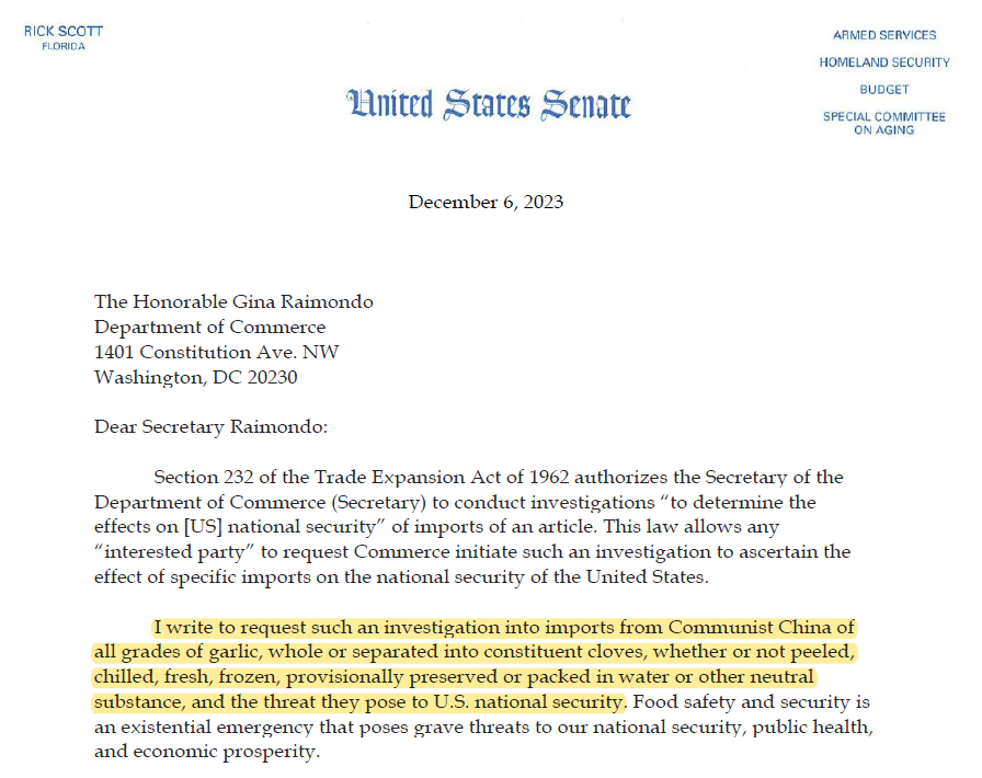 scottlincicome's tweet photo. Yesterday, a sitting US Senator actually claimed that imported garlic was a national security threat https://t.co/IWPAfafNR3