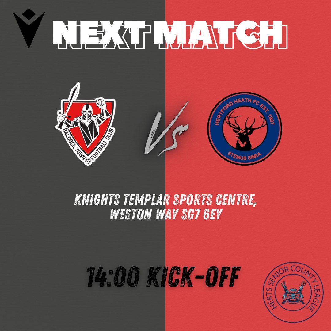 ⏩| NEXT MATCH

This Saturday our young squad hope to bounce back after last weeks defeat to Hatfield Town as we face <a href="/HertfordHeathFC/">𝗛𝗲𝗿𝘁𝗳𝗼𝗿𝗱 𝗛𝗲𝗮𝘁𝗵 𝗙𝗖</a> in the HSCFL!

🆚| <a href="/HertfordHeathFC/">𝗛𝗲𝗿𝘁𝗳𝗼𝗿𝗱 𝗛𝗲𝗮𝘁𝗵 𝗙𝗖</a> 
📍| Knights Templar Sports Centre, Weston Way, Baldock, SG7 6EY
⏱️| 2pm Kick-Off
🏆| <a href="/hscfl/">HSCL</a>