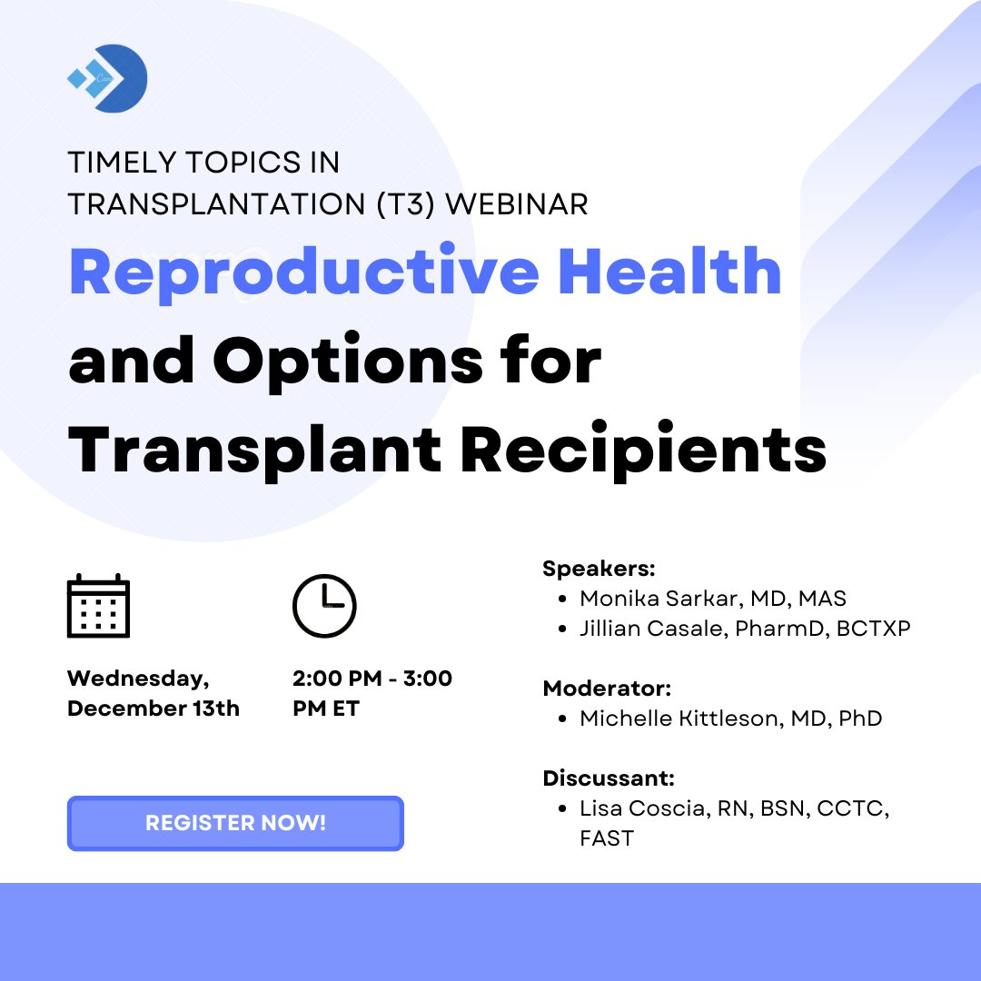 You won't want to miss this upcoming Timely Topics in Transplantation (T3) Webinar!

"Reproductive Health and Options for Transplant Recipients"
Wednesday, December 13, 2023 - 2:00 pm to 3:00 pm ET

Register Here: ast.digitellinc.com/live/357/page/…