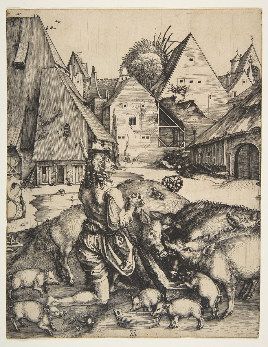 More money, more problems? The Parable of the Prodigal Son, about a young man who squanders his inheritance on frivolities, was a popular subject in late medieval art. Dürer’s engraving focuses on the moment when he renounces his dissolute life. #medieval